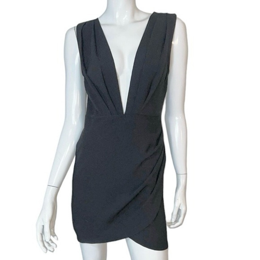 Rumor Plunging Neck Line Open Back Sleeveless Wrap Style Black Mini Dress